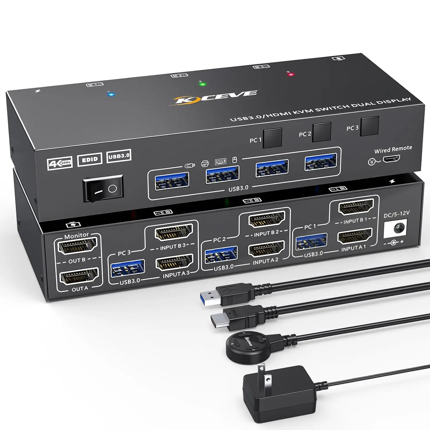 

2024 New KCEVE Dual Monitor KVM Switch USB 3.0 HDMI Switch 2 Monitors 3 Computers 4K@60Hz 2K@144Hz EDID Emulator Dual Monitor