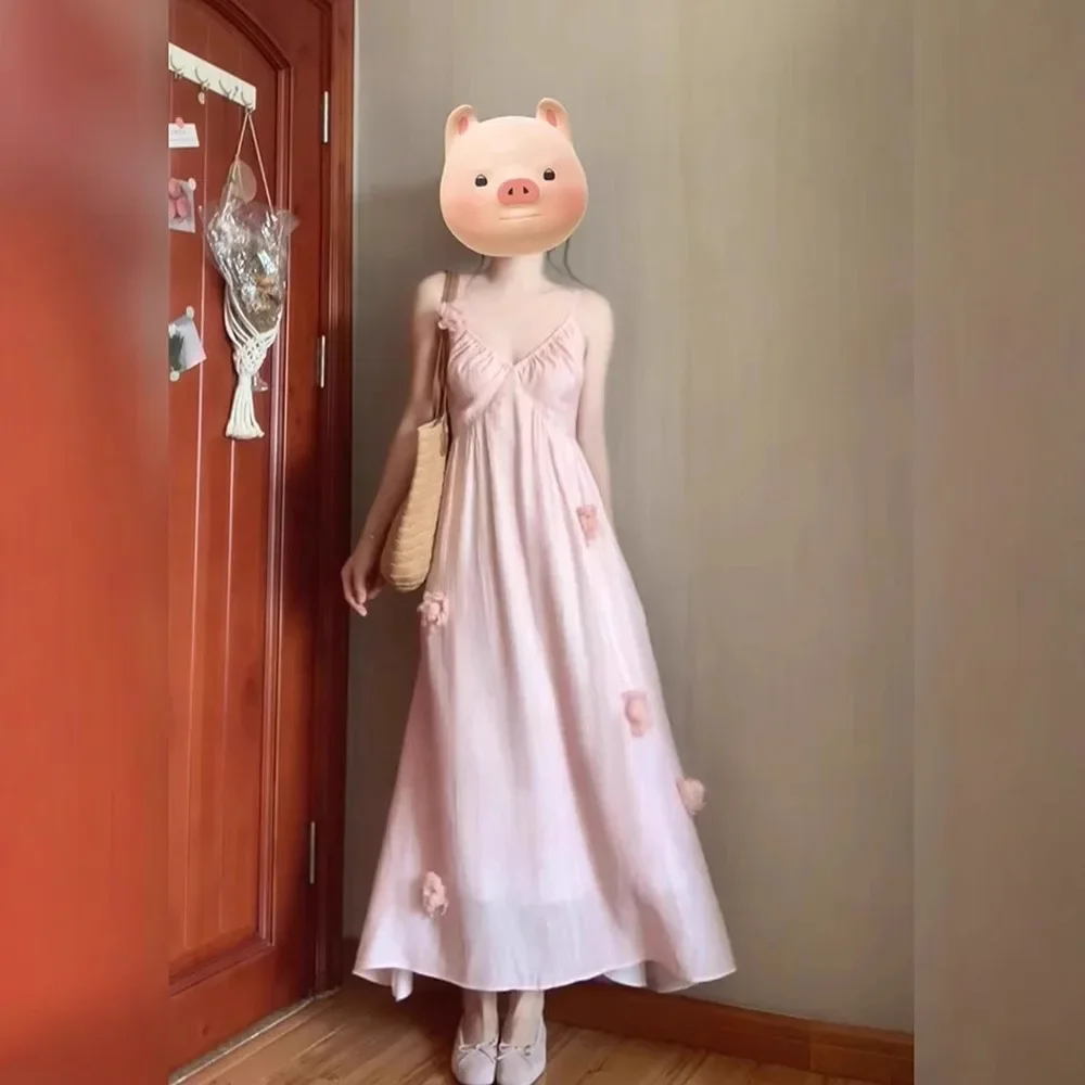 

Розовое платье на бретельках с 3D цветком во французском праздничном стиле, летняя элитная милая сказочная пляжная длинная юбка, элегантное повседневное платье макси