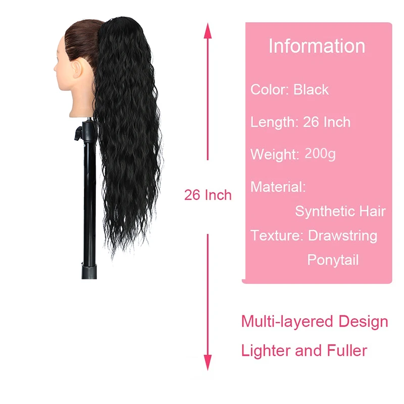 Long Wavy Drawstring Clip on Ponytail Hair Extension for Women Synthetic Natural Curly Ponytail Black Blonde Burgundy Pony Tail