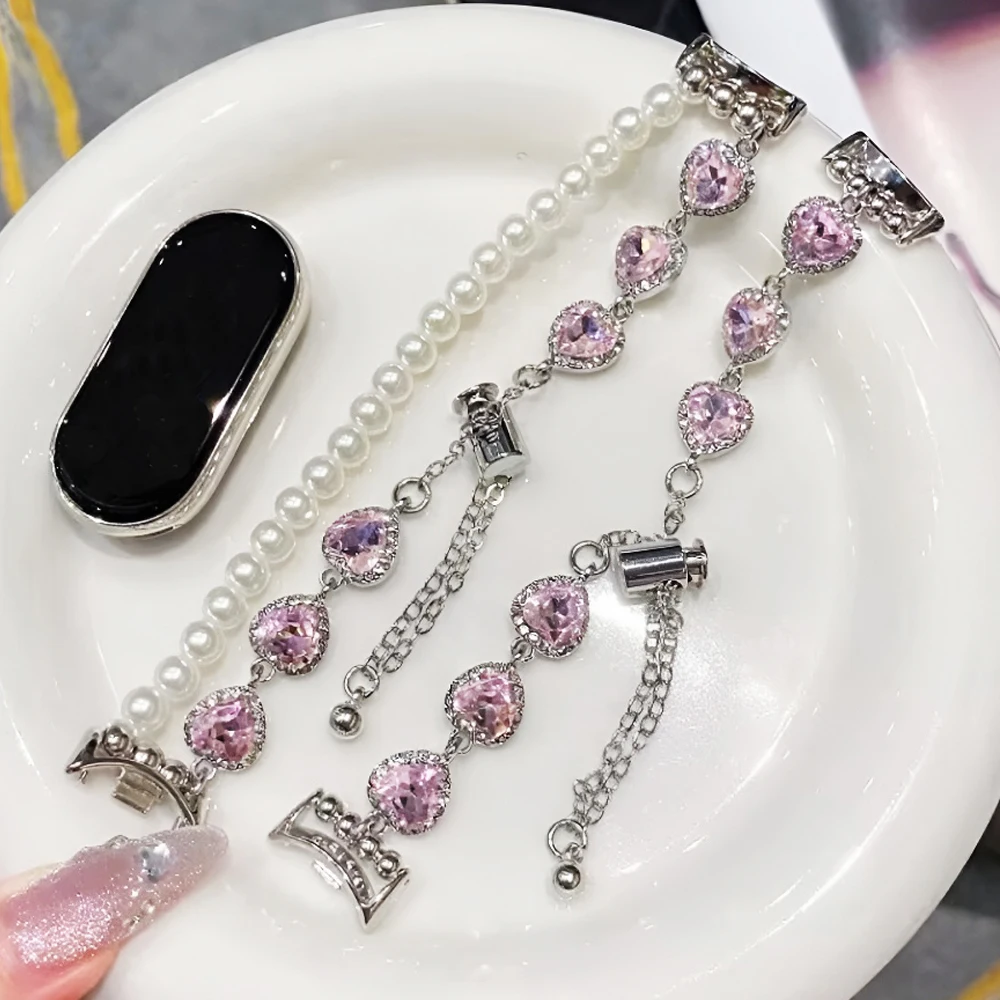 الحب القلب اللؤلؤ حزام ل Mi الفرقة 9/8 Smartwtach معصمه ل Redmi ساعة 5/4 سوار مجوهرات معدني لهواوي الفرقة 10/9/8