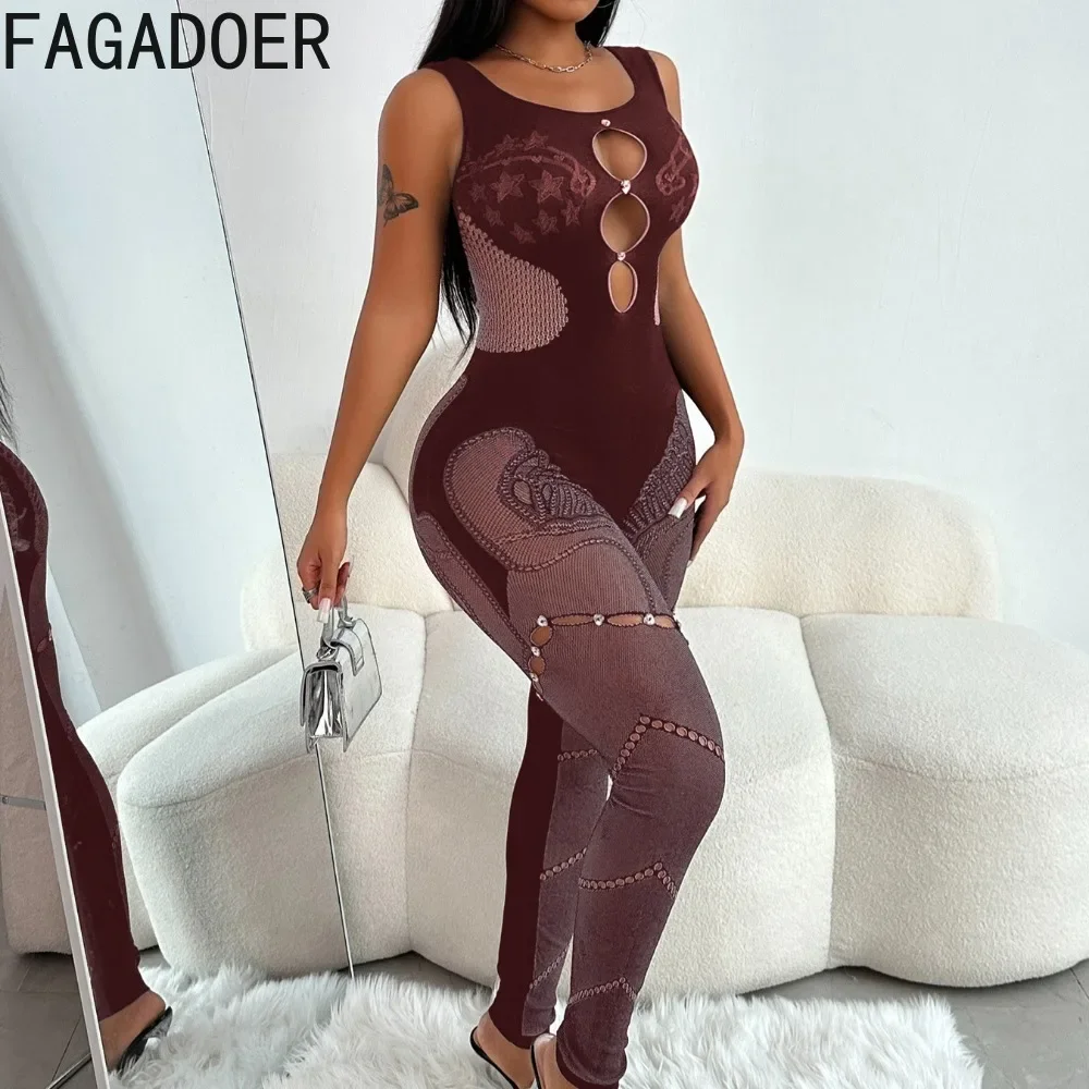 Fagadoer sexy grosso laço oco uma peça macacões feminino ver através sem mangas bodycon macacão femlae clubwear roupas 2024