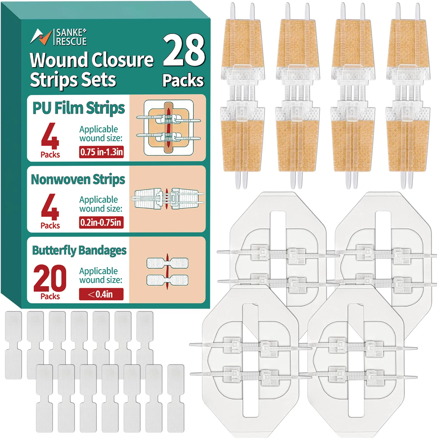 Sanke Rescue 10/14/28 Pack Wundverschlussstreifen Butterfly-Bandagen Notfall-Wundverschluss-Kit zur Wundreparatur und -verschluss