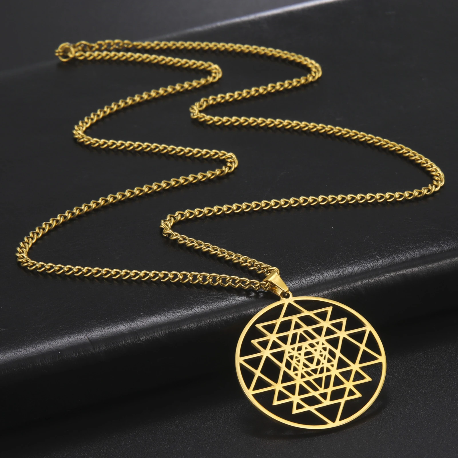 Yoga Hindu Buddhism Stainless Steel Necklace for Women Silver Color Sacred Geometry Necklaces Sri Yantra Symbol Pendants Jewelry