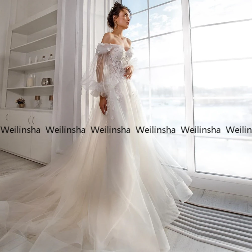 Angepasst Weilinsha V-ausschnitt Weiß 3D Blume Brautkleider Sommer Weg Von Der Schulter Tüll Brautkleider Zipper Zurück Vestidos De F