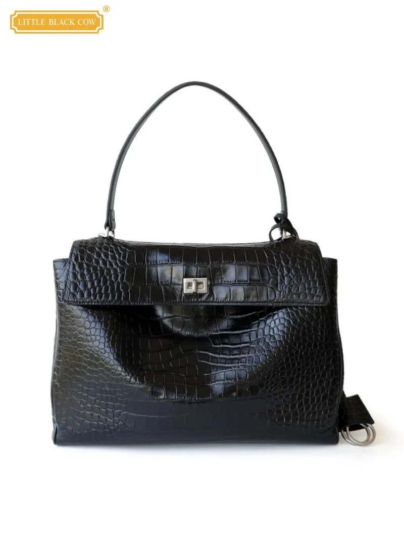 Fashion Women Crocodile Pattern Cow Split Leather Bag Office Ladies Work Satchels Hasp Large Capacity Shoulder Bag Totes Handbag