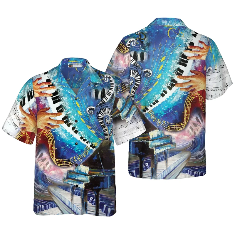 

Fashion Musical Instrument Pattern Hawaiian Shirt For Men 3d Saxophone Guitar Print Beach Short Sleeve Casual New Male Tops Tees
