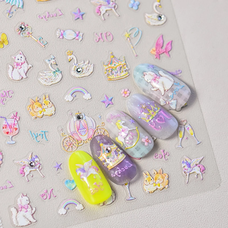 Schöne Kitty Fee Bär Einhorn Hase Katze Kuchen Party Stern Karussell Schwan Herz geprägt Reliefs Nail Art Aufkleber Maniküre Abziehbilder