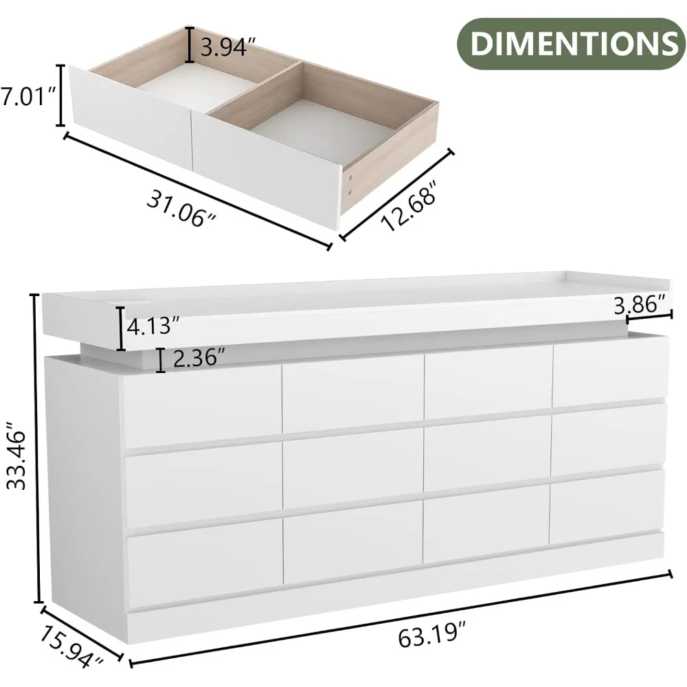 خزانة ذات 12 درج مع مخرج طاقة، خزانة ذات إضاءة LED، خزانة ذات أدراج حديثة للخزانة، منظم درج مزدوج واسع Ca