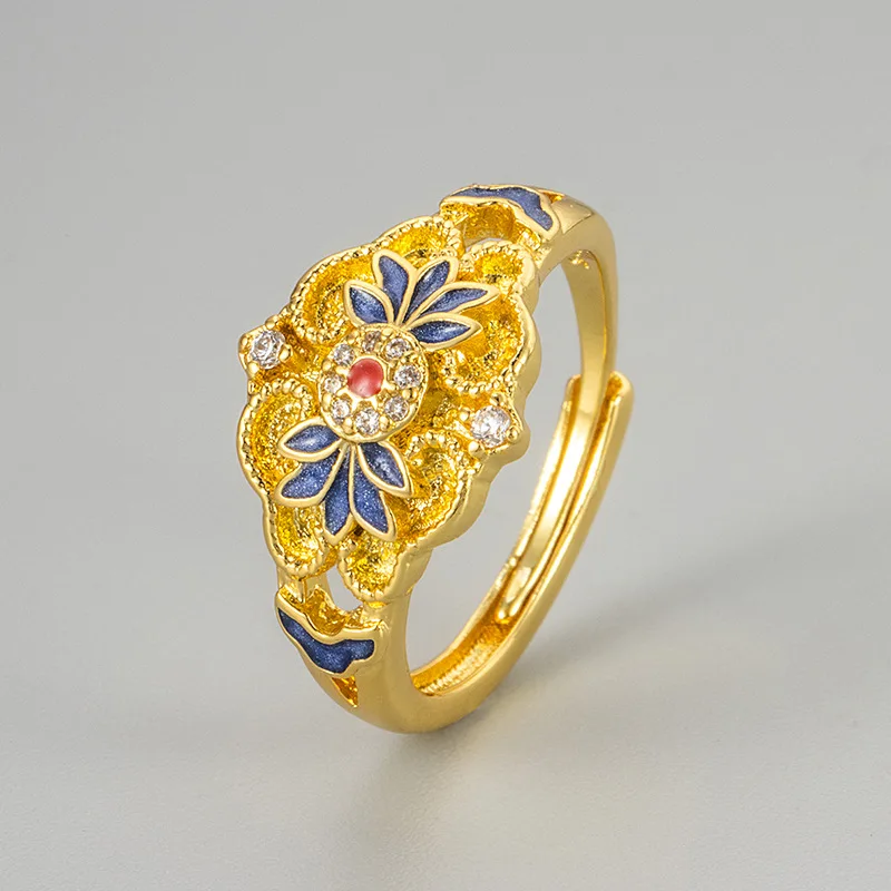 925 Sterling Silver Adjustable New Chinese Enamel Ring Retro Court Style Exquisite Index Finger Ring For Women Fashion Jewelry