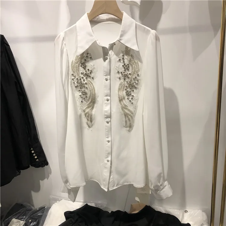 ZJYT 2025 Spring Beading Shirts and Blouses for Women White Loose Blusa Mujer Moda Korean Style Casual Office Camisas Tops Black