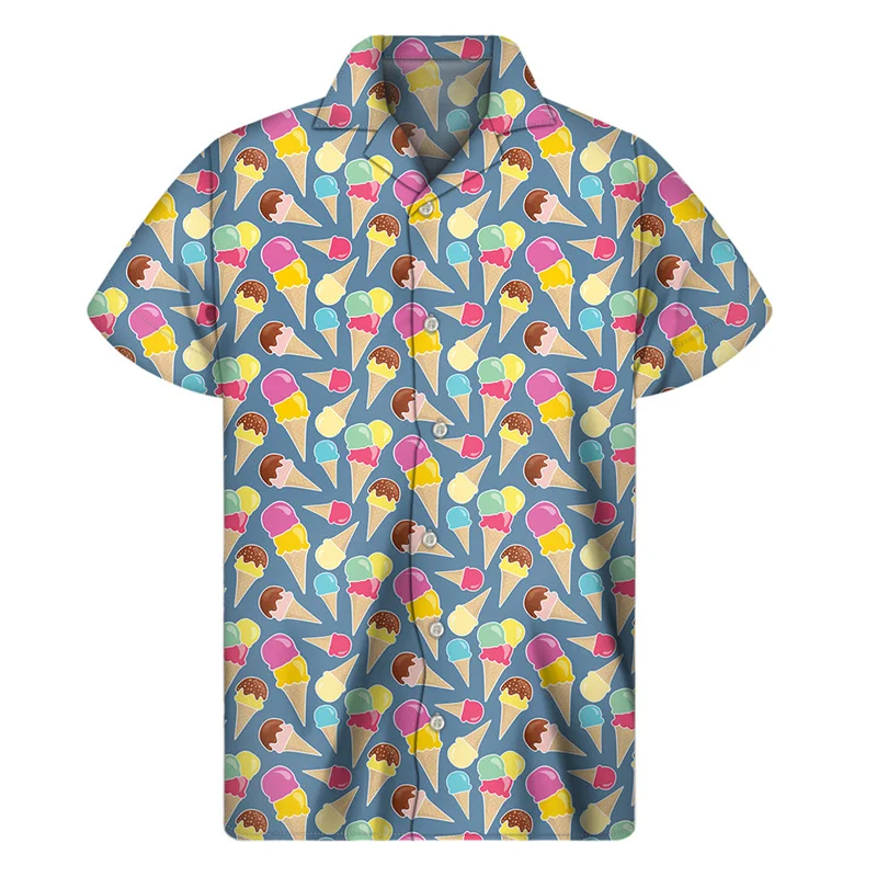 Desenhos animados de sorvete para homens e mulheres Camisa havaiana estampada 3D, camisas de lapela de rua verão, tops manga curta, blusa de botão ext