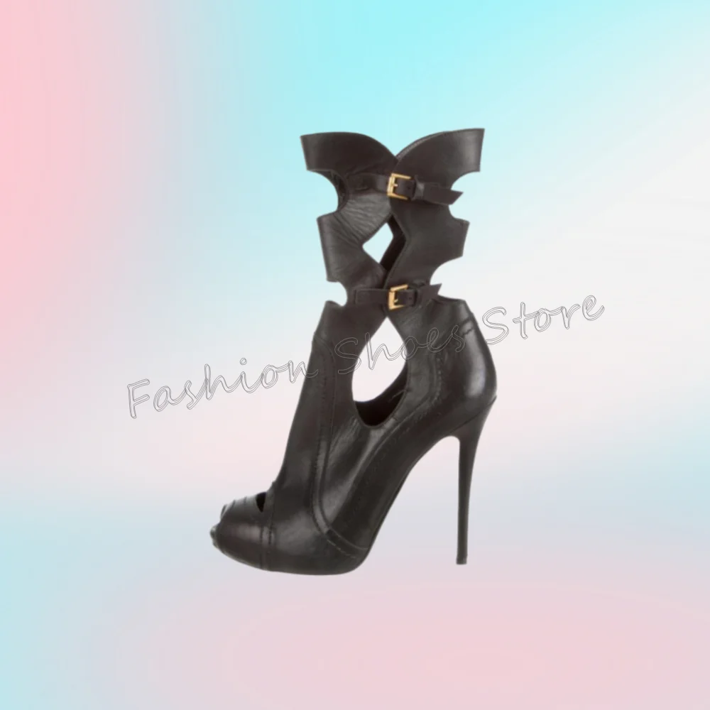 

Black Hollow Out Peep Toe Sandals Matte Leather Women Shoes Stilettos High Heels Party Banquet Dating 2025 Zapatos Para Mujere