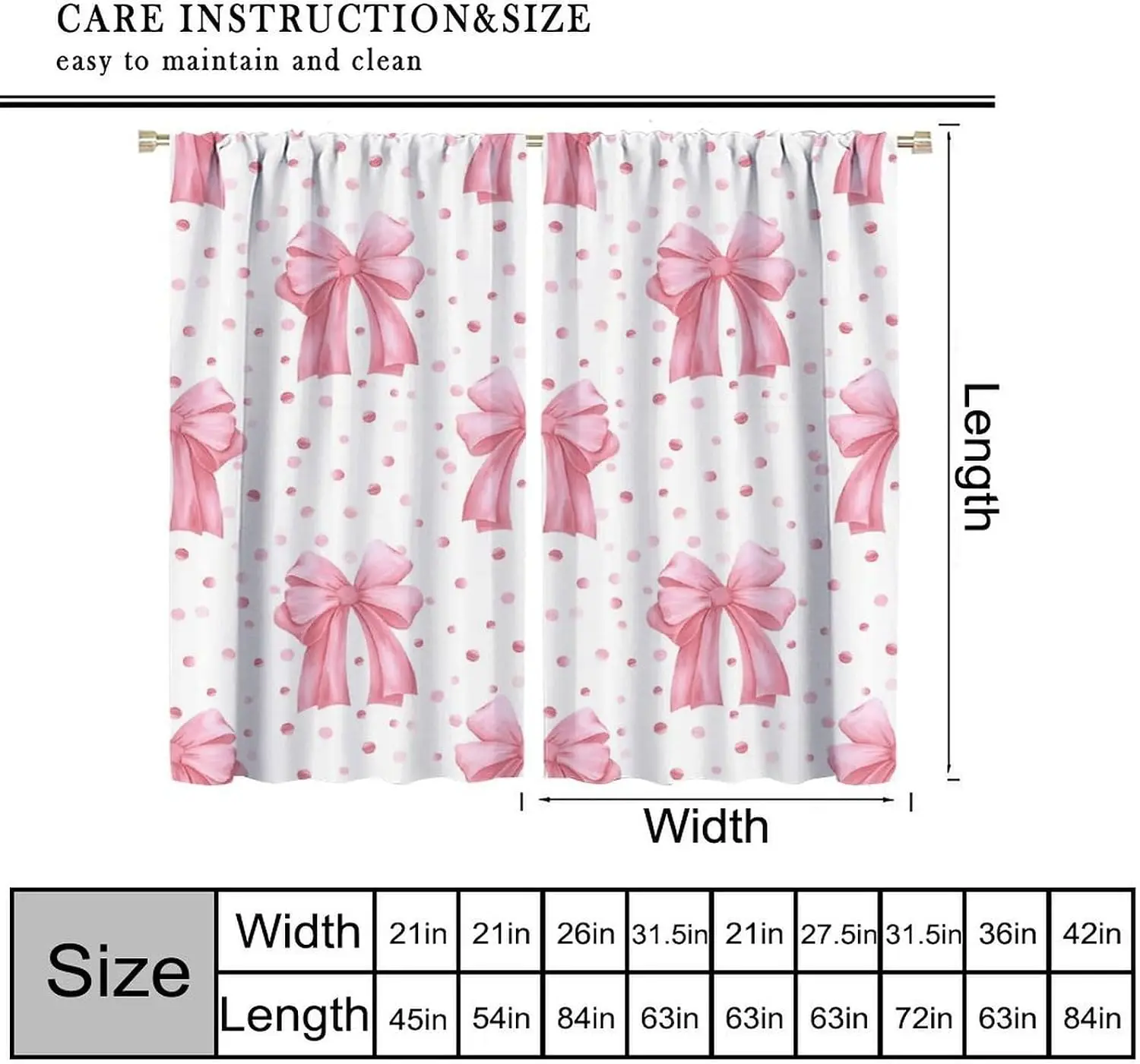 Watercolor Pink Bow Polka Dot Curtains 2 Panels, Large Ribbon Bow Pink Dots Bright White Base Drapes for Sweet Girls Bedroom
