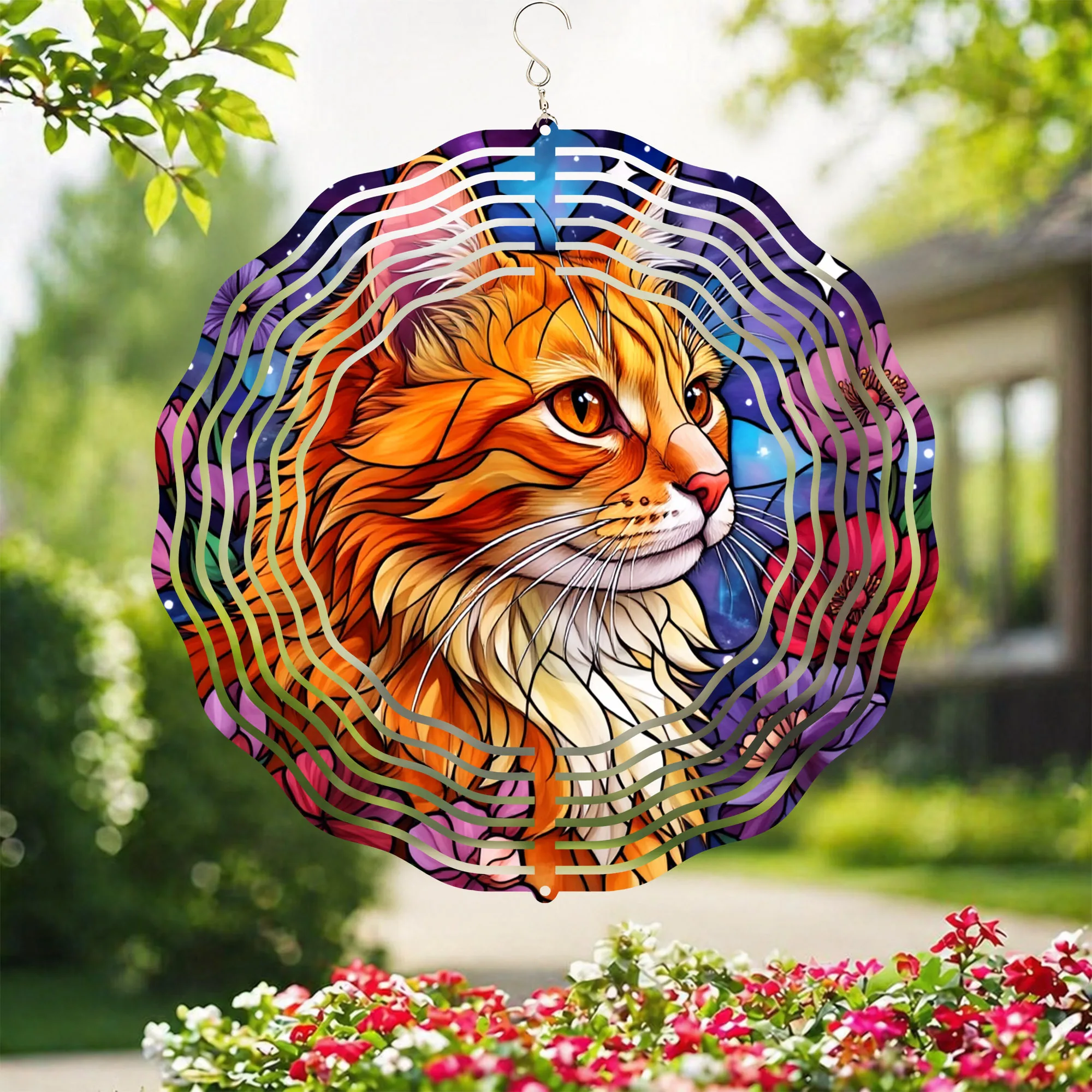 1pc Wind Spinner Outdoor Product - Metal 3D Rotating Wind Chime with 360° Swivel Hook, Featuring a Cat and Floral Pattern