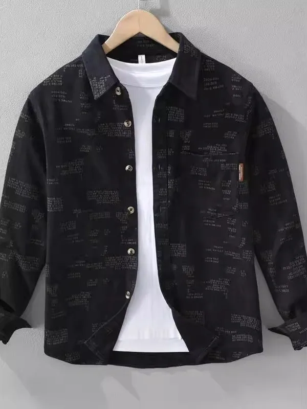 

Casual Sle Long Sve Letter Print Loose Fit Men's irt Turn-down Collar Versatile Trendy Top Spring Autumn Season Wear