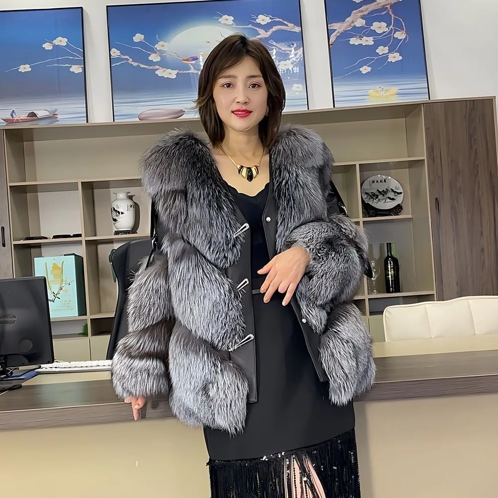 Hot selling new women's mid-length street style young fashion genuine sheepskin jacket imported fox fur coat