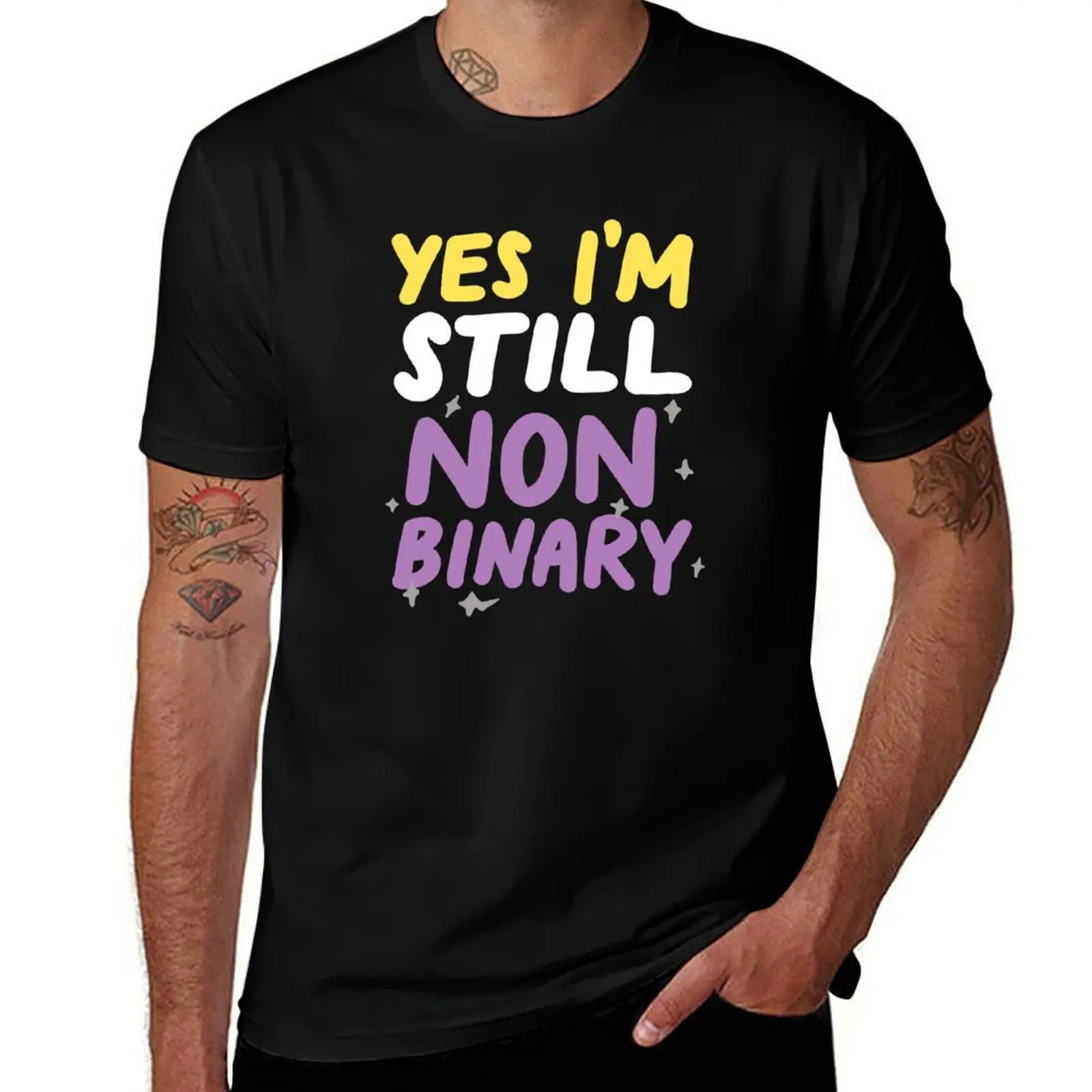 

Yes I'm Still Non-Binary Funny LGBTQIA Pride Flag T-Shirt Fashion Simple Casual Tee Shirt
