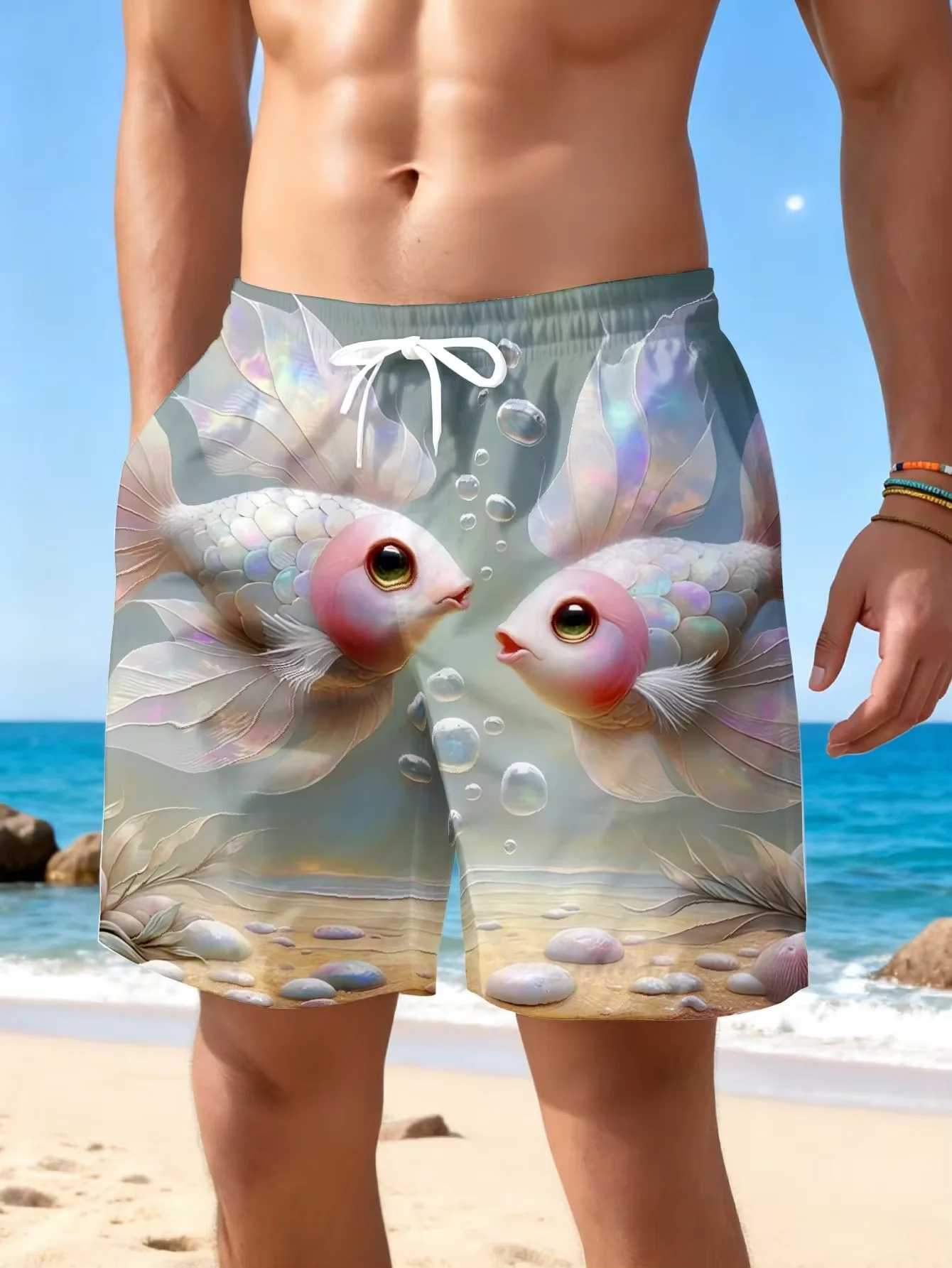 

2026 Summer New Style Men's Outdoor Beach Casual Sportswear Shorts With Colorful Fish And Bubbles Pattern For Beach And Vacation 3D Printing Design Perfect For Swimming And Relaxing At The Shore Soft And Comfortable Fabric