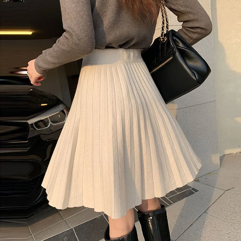 Women Skirt Short Green Beige Black Knitted Pleated Skirt A-Line High Waist Korean Spring Autumn Winter Skirt mujer faldas