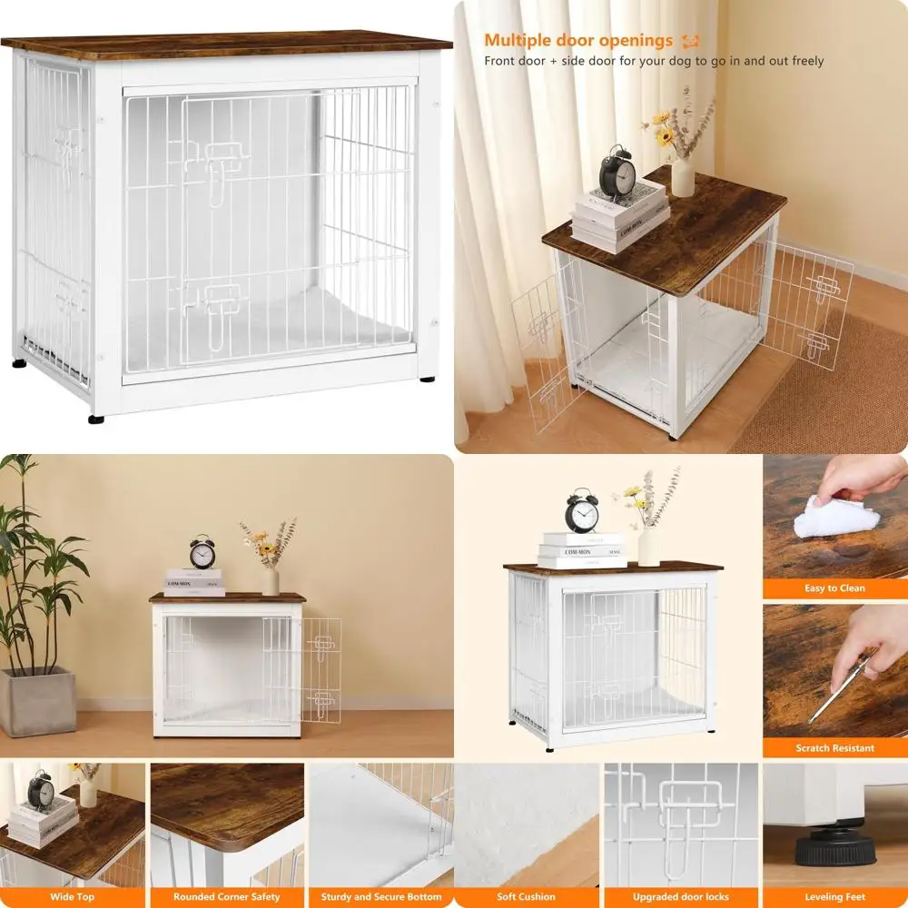 Móveis de madeira para cães com almofada, canil interno de porta dupla, adequado para cães pequenos a grandes, 27,2 polegadas