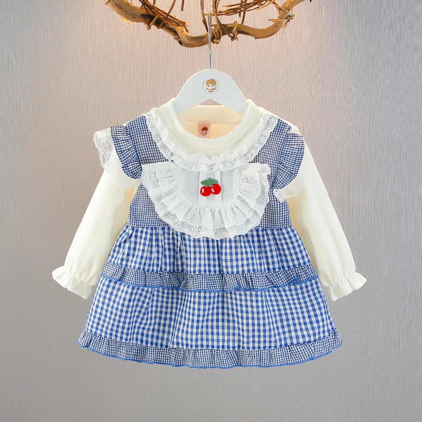 

Infant Baby Girls Dress New Autumn Long Sleeves Cherry Embroidery Toddler Girls Princess Dress Lace Trim Newborn Kids Girl Dress