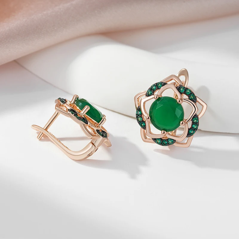 SYOUJYO Green Flower Natural Zircon Earrings For Women 585 Rose Gold Color Skeleton Luxury Party Jewelry