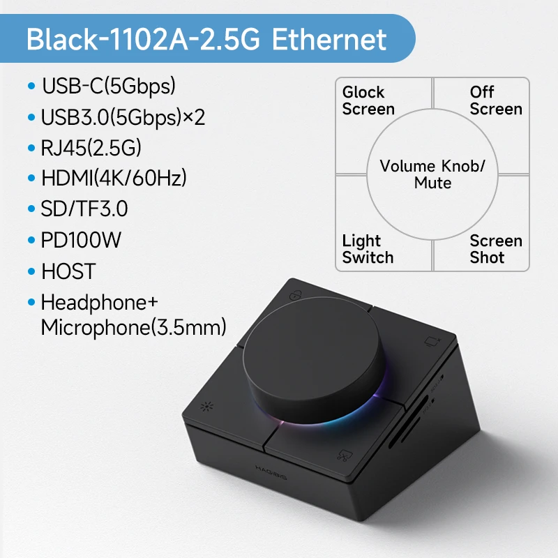 Hagibis Knop USB C Hub Met Sneltoetsen Type-C Docking Station Volumeregeling Desktop Controller 2.5G RJ45 voor Macbook