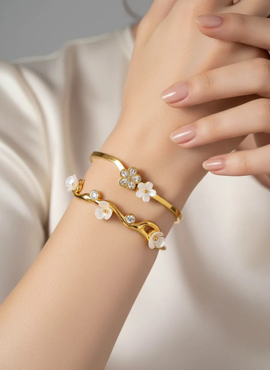 Elegant Open Cuff Wrist Bracelet for Women Flower Branch Design Stainless Steel Waterproof Charms Jewelry