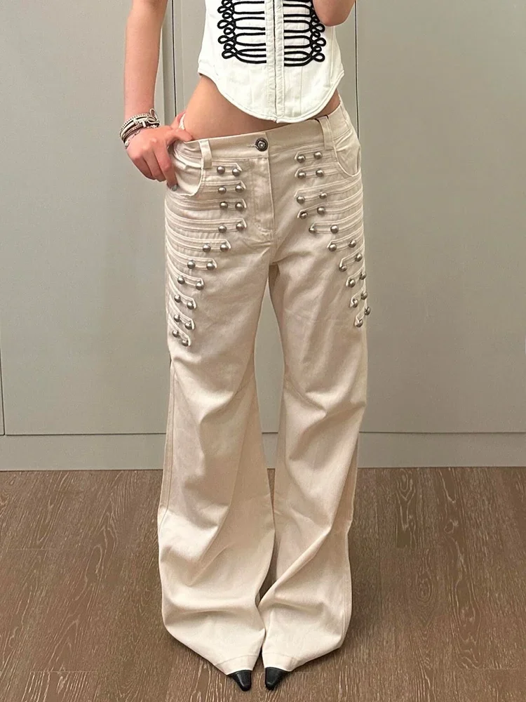 Retro Y2K Gothic Buckle Detail Loose Jeans for Women Harajuku Streetwear Summer Casual Denim Trousers
