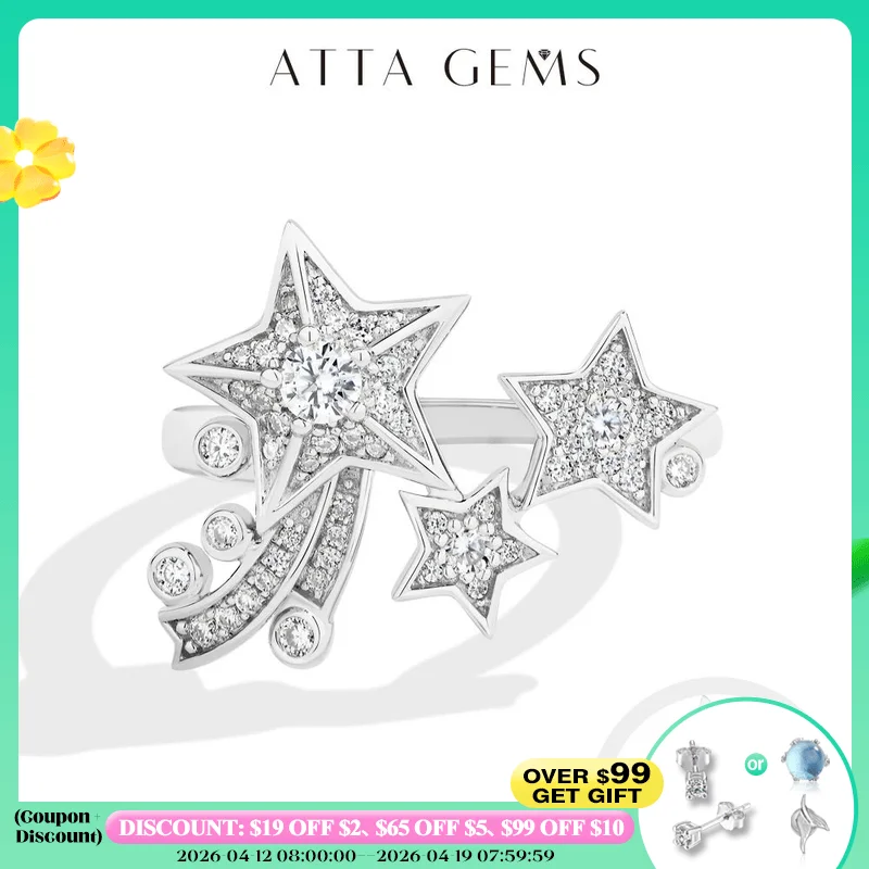 

ATTAGEMS Light Luxury All Moissanite Star Rings 925 Sterling Silver for Women Unique Design With Lucky Genuine Fine Jewelry Gift