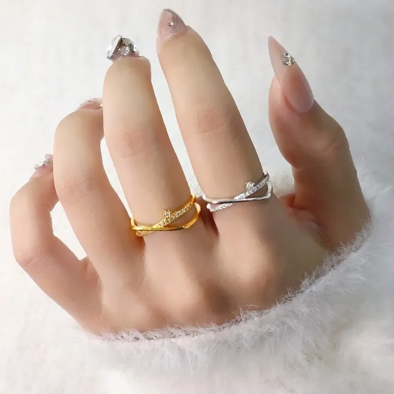

925 Sterling Silver Charming Geometric Cross Zircon Flower Adjustable Opening Ring for Women Fine Jewelry Minimalist Accessories
