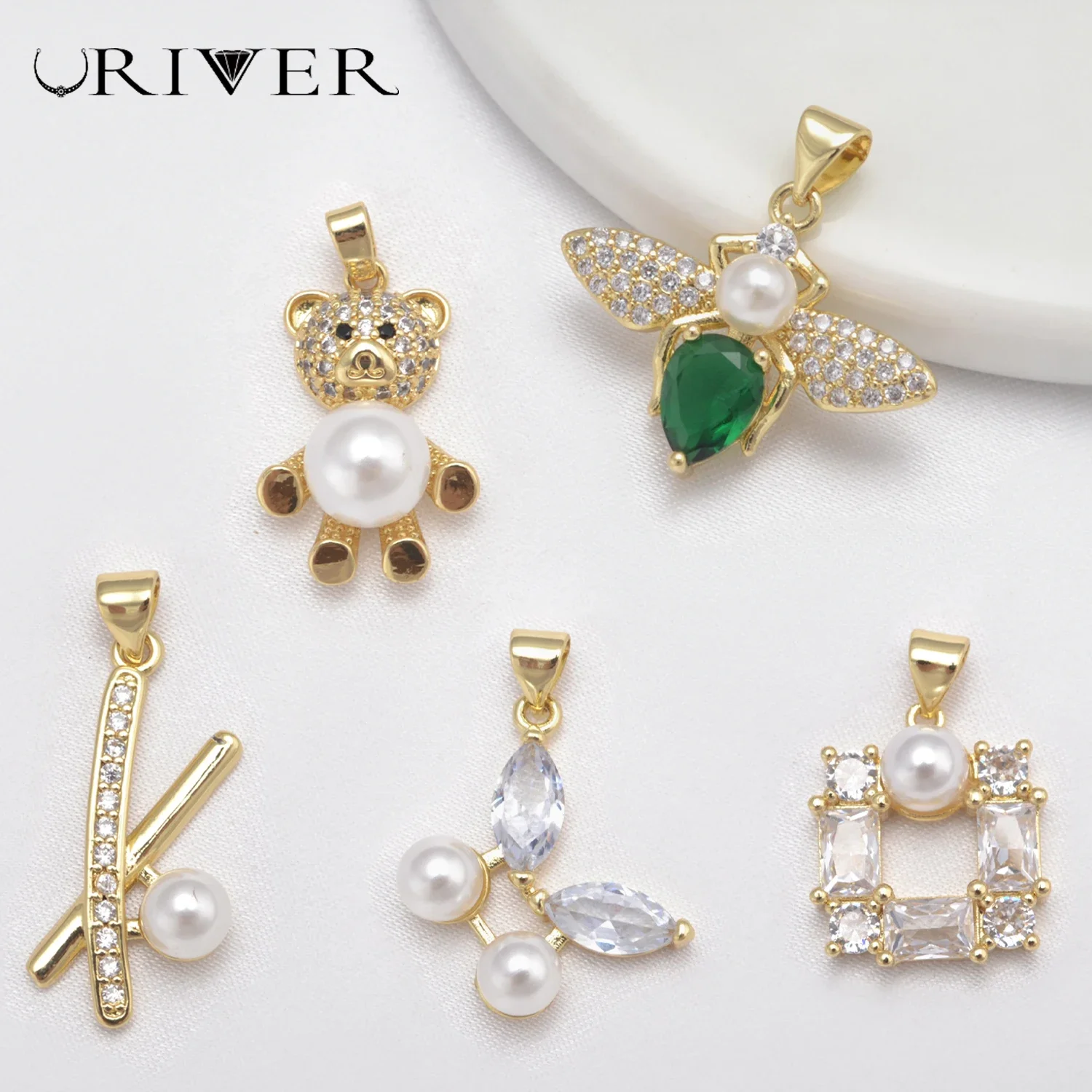 LJRIVER 5 Pcs Bear Charms for Jewelry Making Cross Cubic Zirconia Pendants Charm for Jewelry DIY Pendant Accessories Wholesale