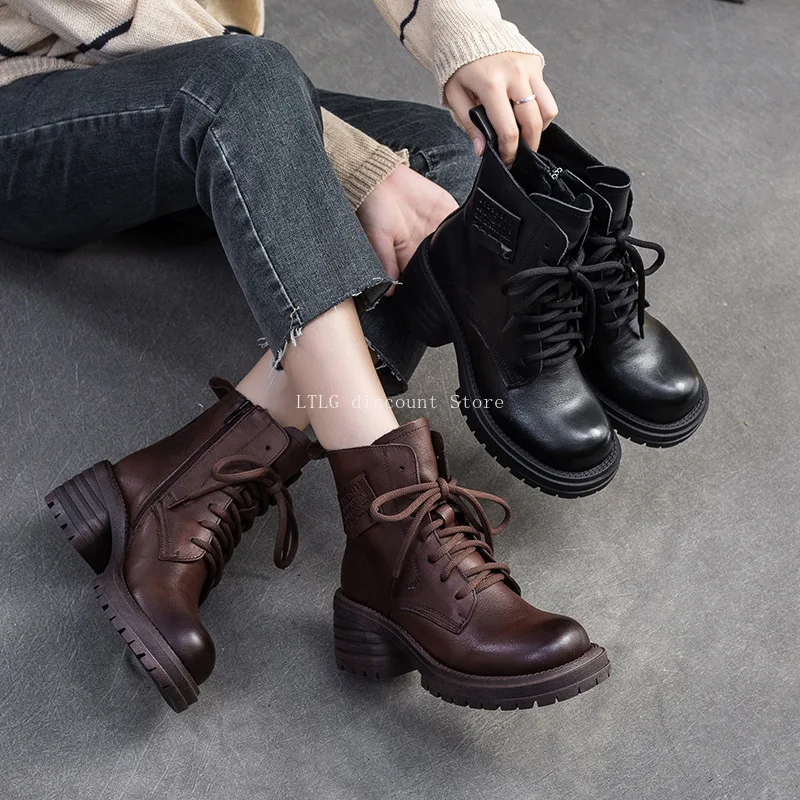 

2025 Genuine Leather Platform Boots Women Shoe Autumn Winter 6cm Thick Heels Ankle Boots Lace Up Zipper Ladies Pumps botas mujer