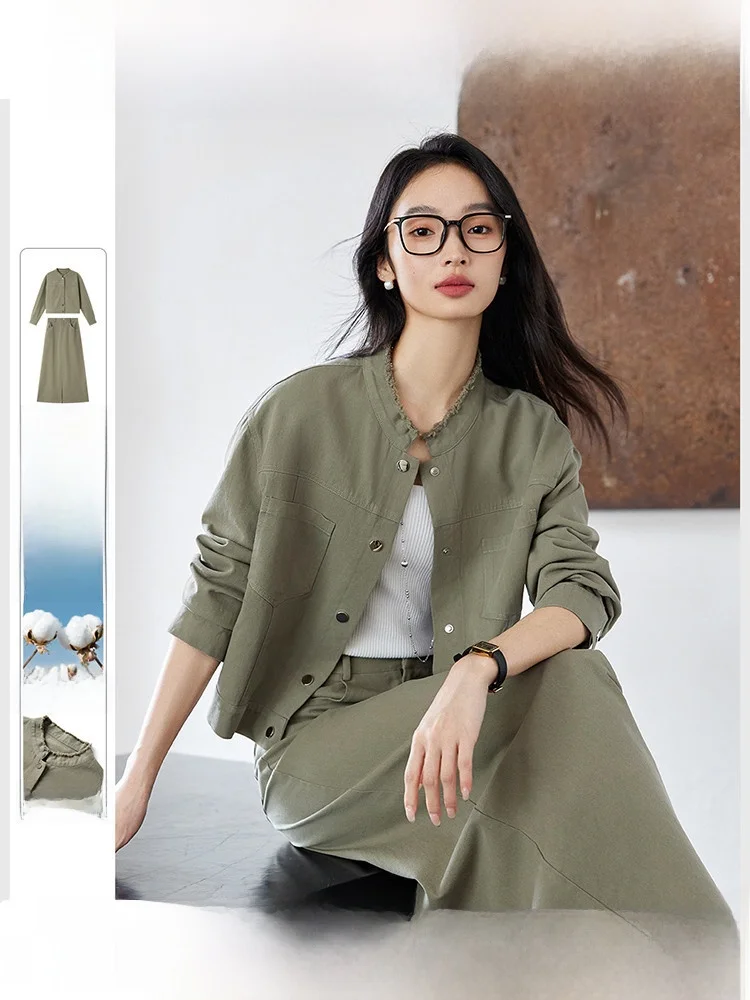 

Комплект из чистого хлопка для женщин: модный костюм-двойка с юбкой, элегантный деловой стиль, с длинными рукавами, на пуговицах, для весны и осени