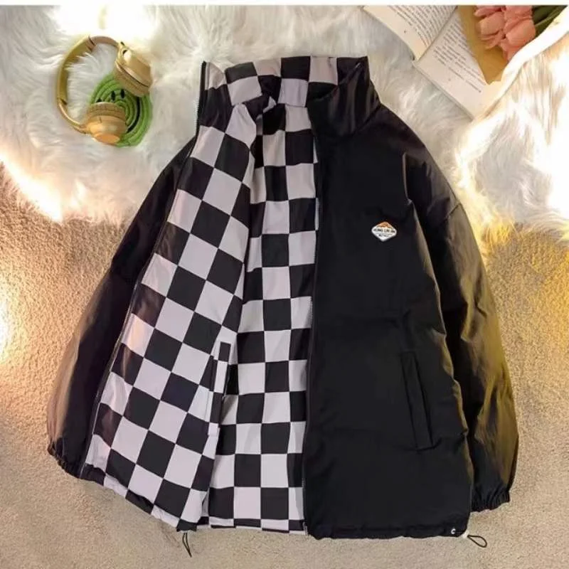 2024 Korean Winter Double Wear Loose Casual Plaid Couple Turtleneck Long Sleeved Simplicity Zipper Cotton Lacing Coat