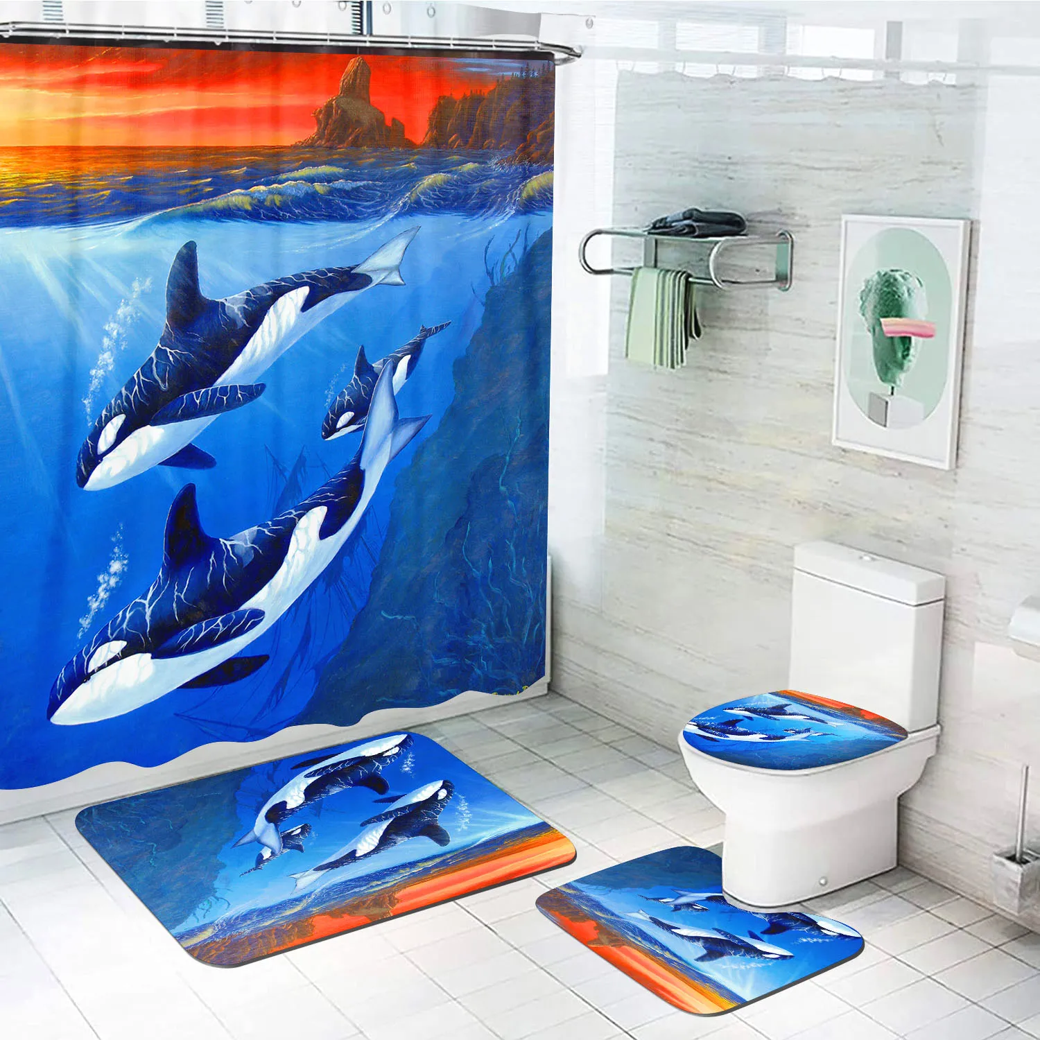 4Pcs Orca Killer Whale Shower Curtain Set, Ocean Underwater Sunset Bathroom Decor, Waterproof Curtain with Non-Slip Rugs Toilet