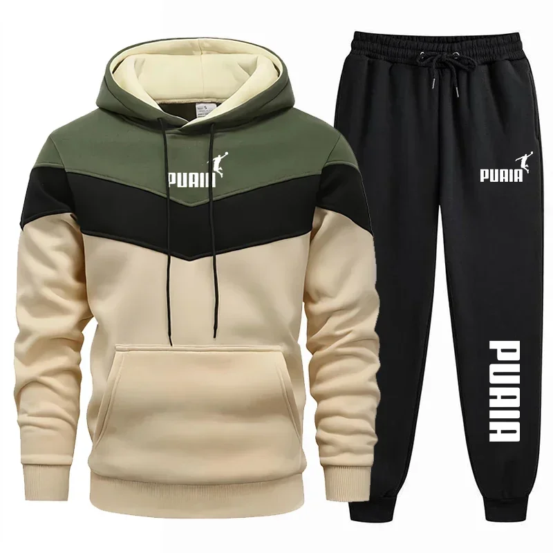 

Mens Tracksuit Casual Tricolor Hooded Sweatshirts+Pants 2 Piece Set Daily Jogging Clothing Suit HighQuality AutumnWinter Outfits