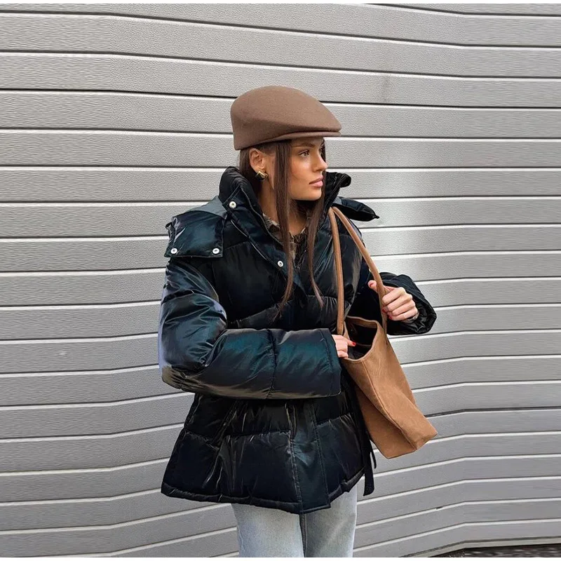 Fashion Glossy Padded Jacket Women's Solid Hooded Long Sleeve Zipper Warm Down Coat 2026 Autumn Winter New Lady Casual Outerwear