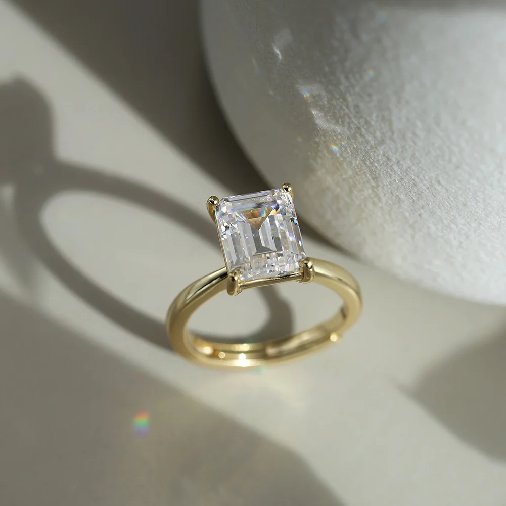 Emerald Cut 925 Sterling Silver 14K Gold Plated Adjustable Moissanite Ring For Women Gift  Jewelry