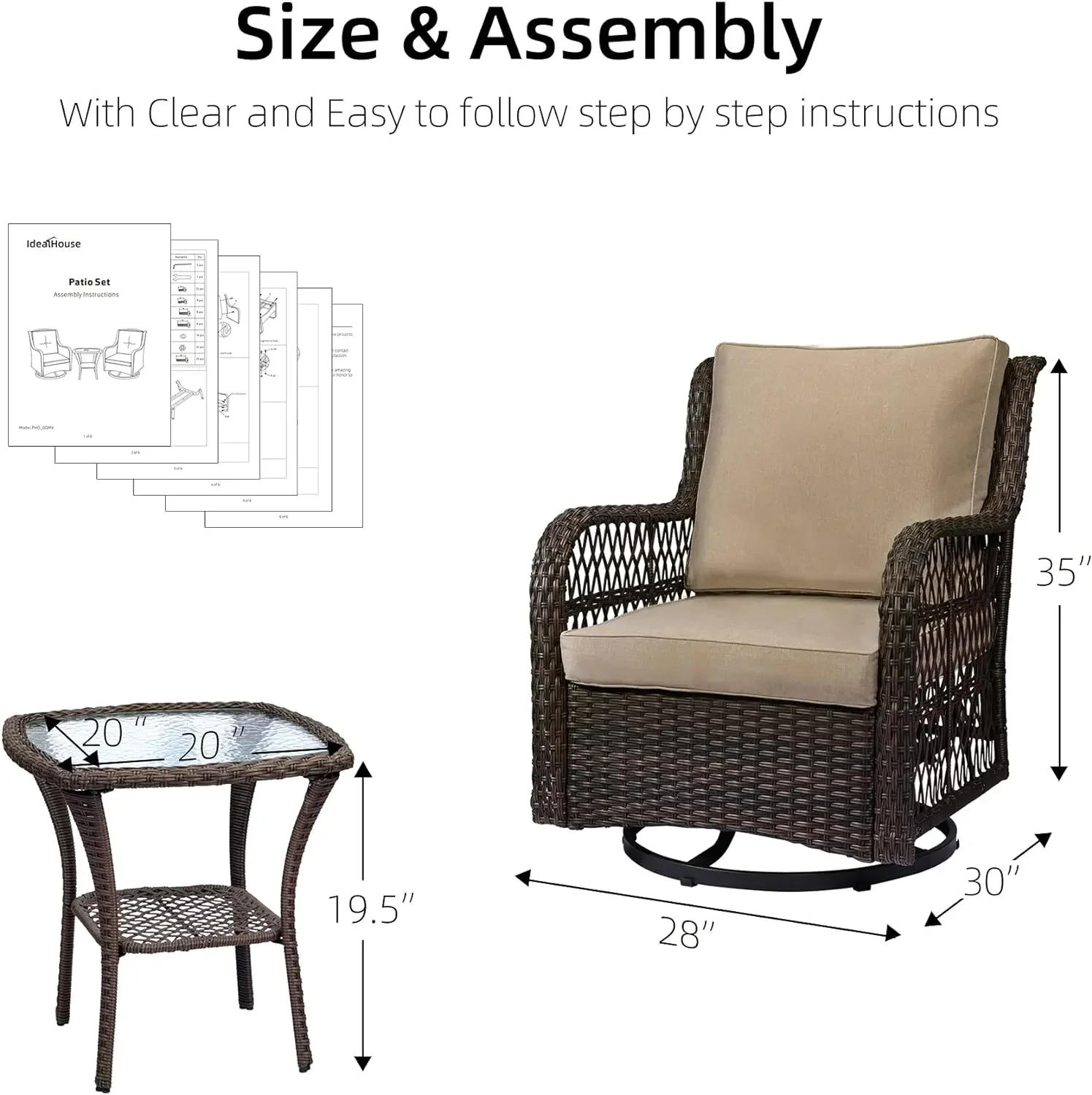 3 Pieces Outdoor Wicker Swivel Rocker Patio Set, IDEALHOUSE 360 Degree Swivel Rocking Chairs Elegant Wicker Patio Bistro Set