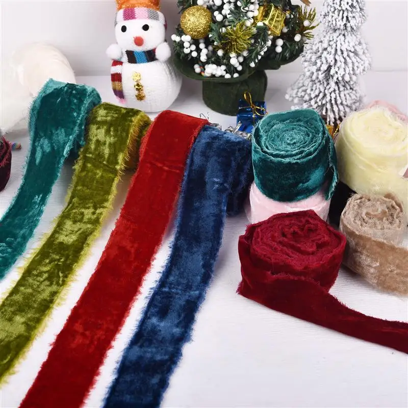 3yards/Roll Thickening Velvet Ribbon Handmade Frayed Edged Ribbons Christmas Party Bouquet Gift Packing Decorations DIY Craft