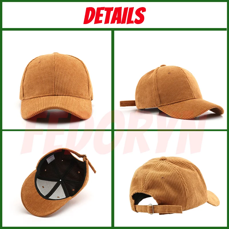 페도린 맞춤 자수 야구 모자 코듀로이 단색 모자 여성 및 남성용 DIY 로고 디자인 프린트 모자 유니섹스 도매