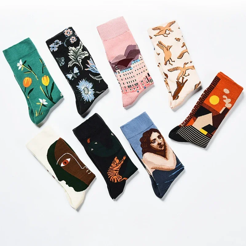 1 pair Canvas lattice plant Art Funny Socks Women Novelty Abstract Cute Socks Women Jacquard Crew Female Calcetines Divertidos