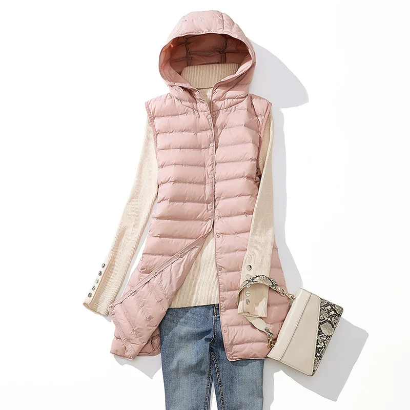 Autumn Winter Ultra Light Thin White Duck Down Vest Jacket Women Hooded Down Waistcoat Coat Parkas Female Sleeveless Long Tank