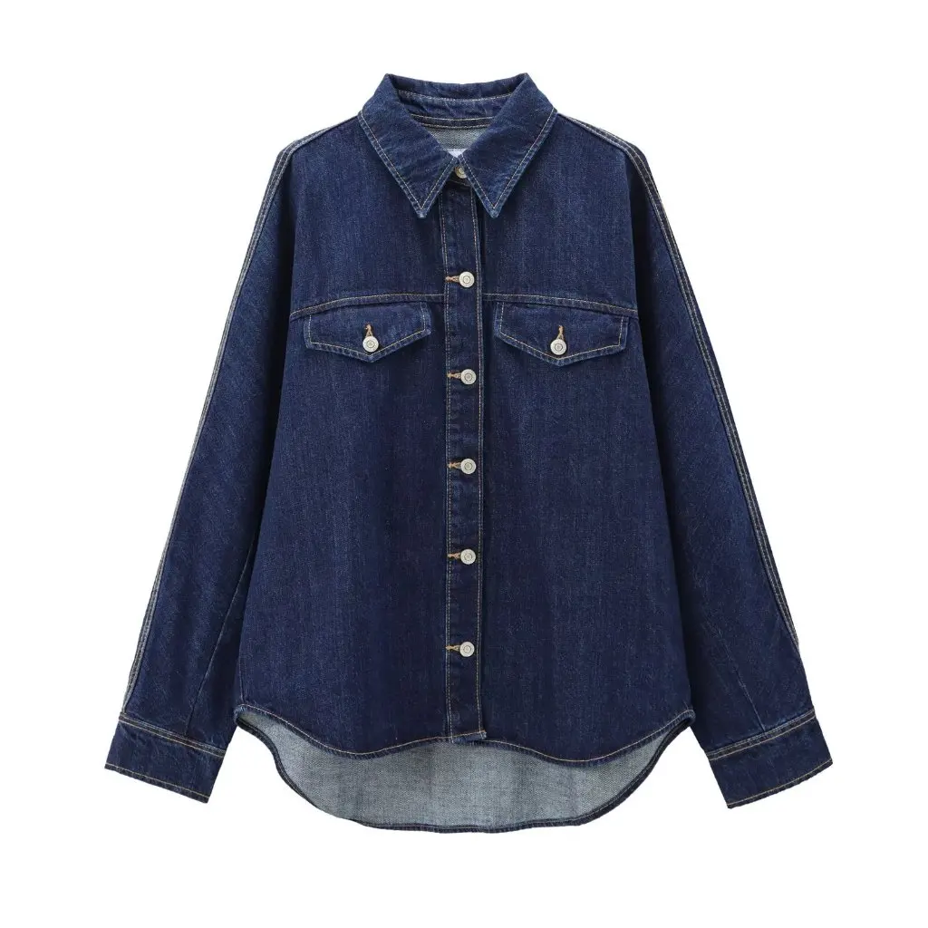 

Women's Vintage Double Pocket Denim Shirt Coat Autumn Korean Style Basic Solid Color Fashion Lapel All-match Clothing