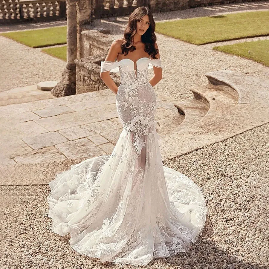 

Charming Mermaid Off the Shoulder Brides Wedding Dresses Appliques Flowers Button Court Train Vestidos De Novia Customized 2025
