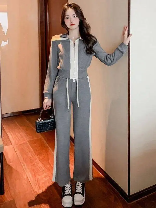 

Sporty Hooded Zipper Fashionable Casual Women's Two-Piece Set Long Pants High Waist Spring Autumn Slimming Ensemble