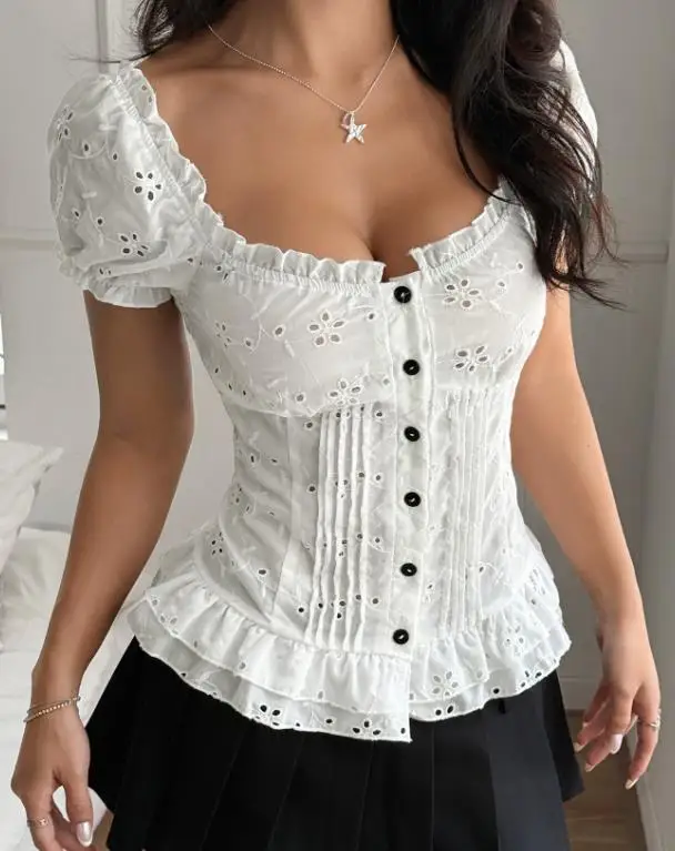 

2026 Spring/Summer New Women's Fashion Sexy Hot Girl Hollow Short Sleeve T-shirt, Shirt, Women's Wear