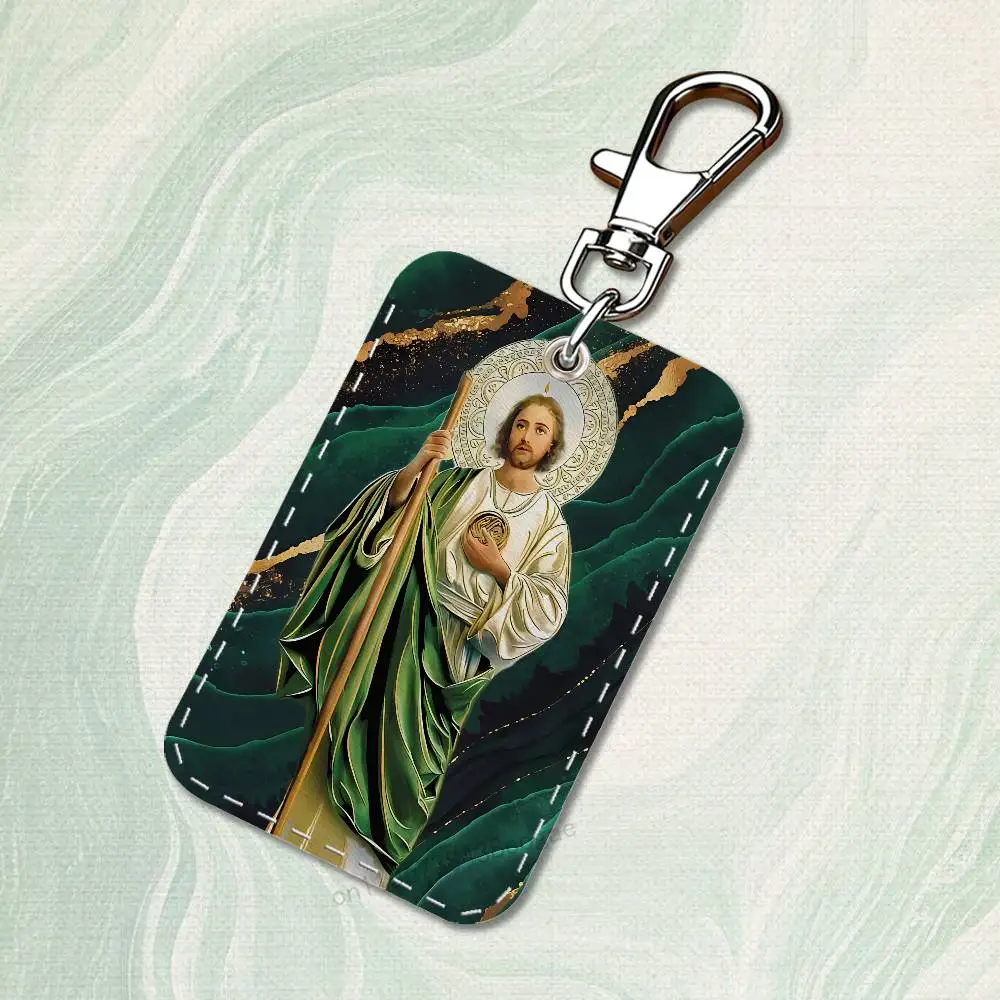 Belief Bible San Judas Tadeo Rectangle Card Case Keychain Access Card Bag Key Tag Ring Leather Card Holder Key Ring Access