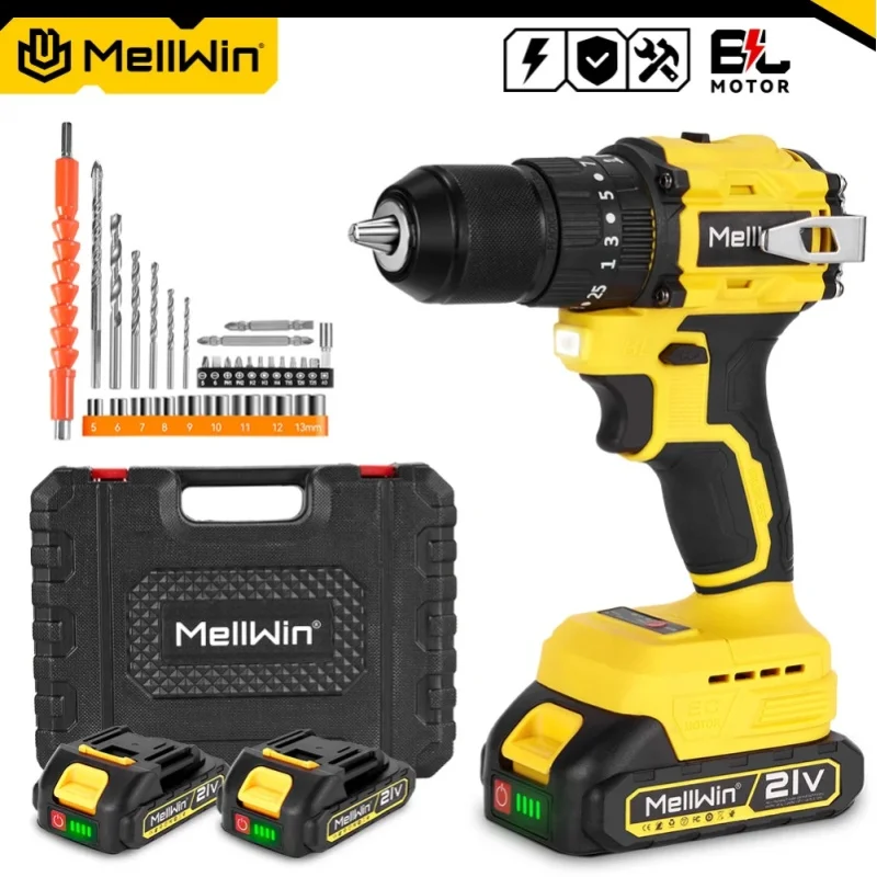 Llave de impacto inalámbrica sin escobillas MELLWIN 480N.M, destornillador eléctrico 3 en 1, taladro, herramienta eléctrica multiusos para